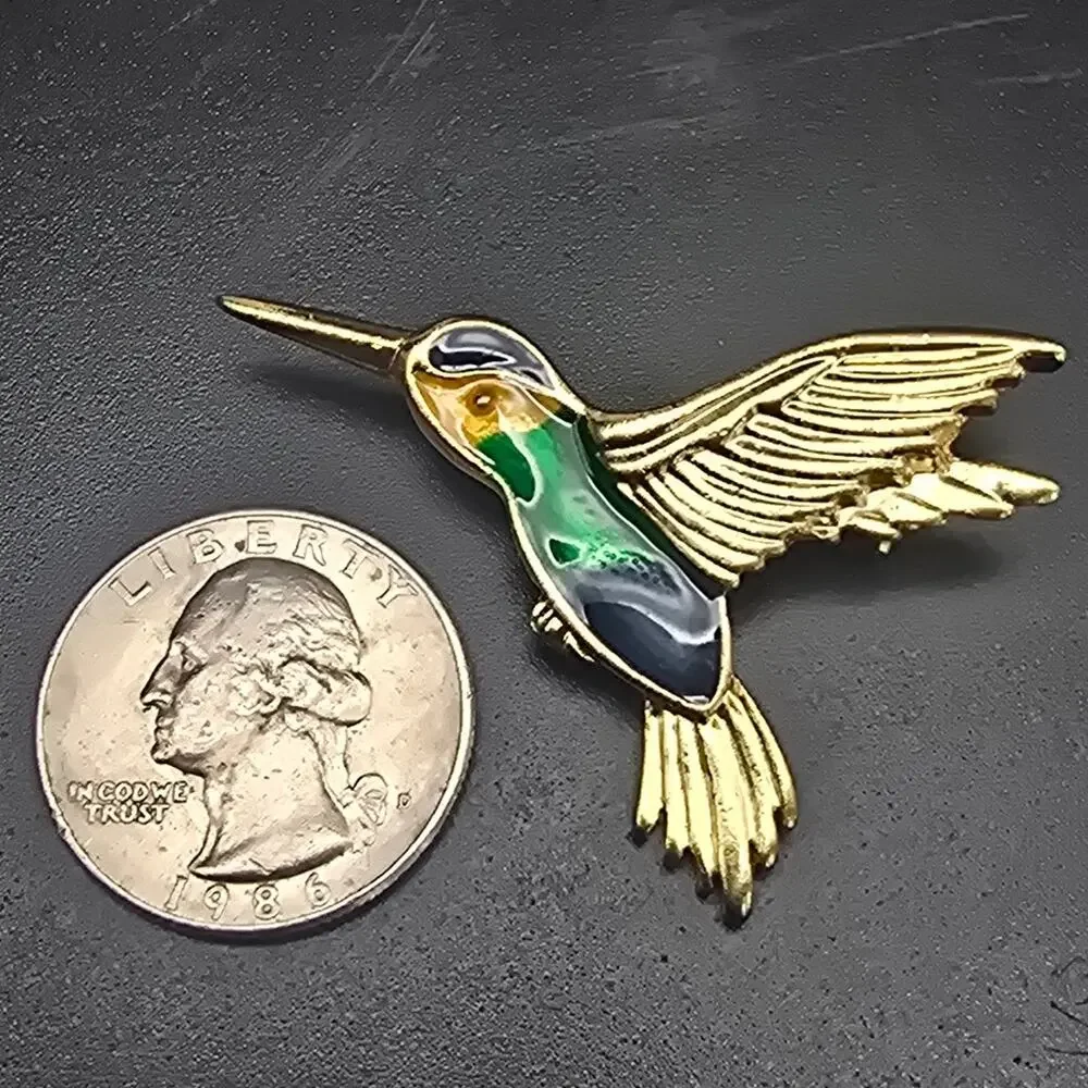 Danecraft Hummingbird Brooch Gold Tone Green Blue Bird Animal Jewelry